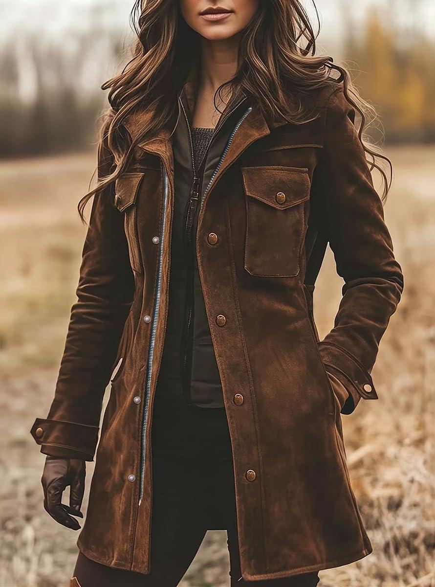 imagechouyatou Womens Retro Faux Suede Leather Jacket Zip Up Military Utility Safari Jacket Midi Long ShacketBrown