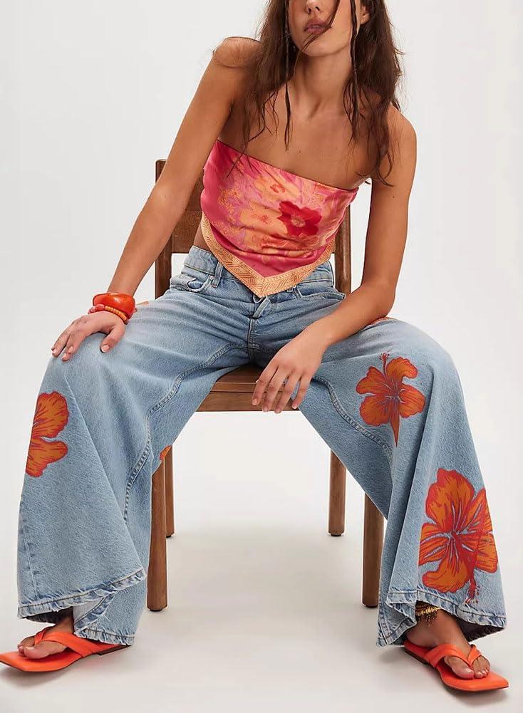 imagechouyatou Womens Retro Flare Wide Leg Jeans Floral Printed High Waist Palazzo Jean Trousers Denim PantsLight Blue