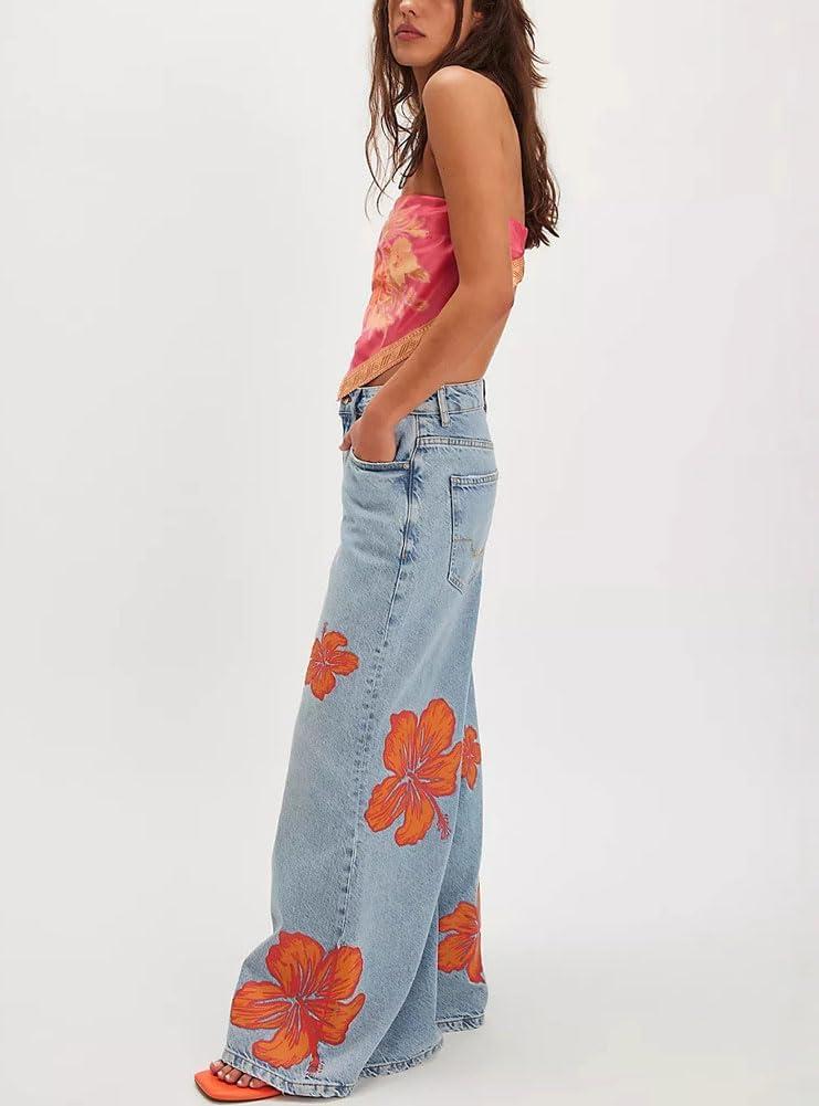 imagechouyatou Womens Retro Flare Wide Leg Jeans Floral Printed High Waist Palazzo Jean Trousers Denim PantsLight Blue