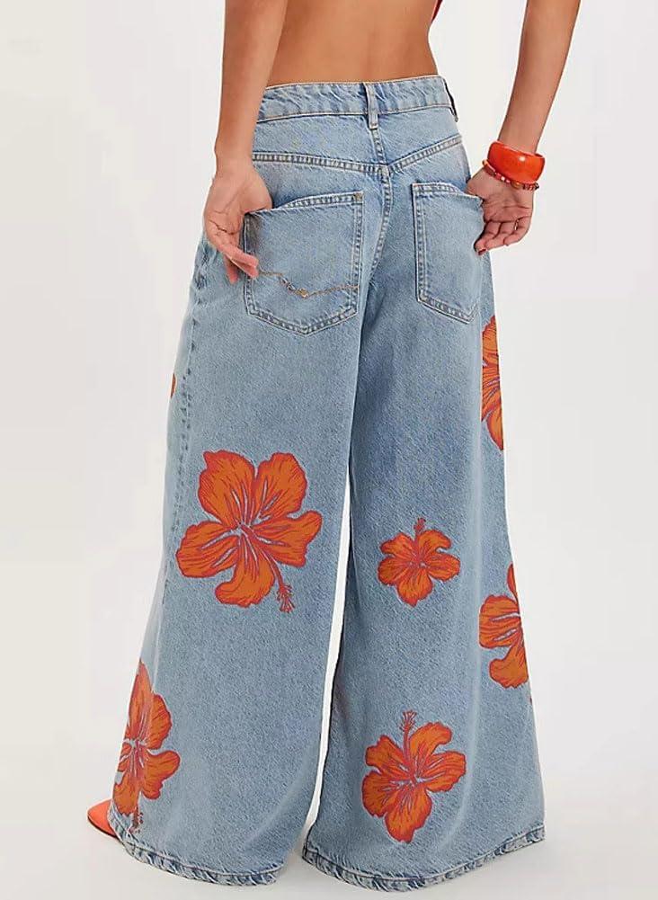 imagechouyatou Womens Retro Flare Wide Leg Jeans Floral Printed High Waist Palazzo Jean Trousers Denim PantsLight Blue