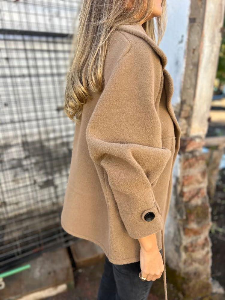 imagechouyatou Womens Retro Lapel Double Breasted Wool Coat Business Casual Wool Blend Pea Coat OvercoatCamel