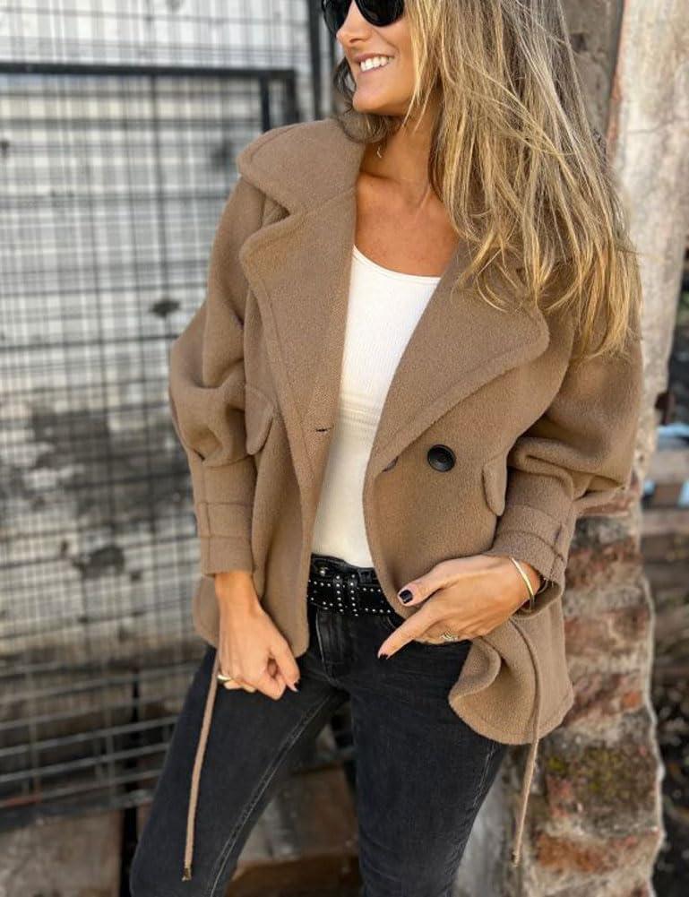 imagechouyatou Womens Retro Lapel Double Breasted Wool Coat Business Casual Wool Blend Pea Coat OvercoatCamel