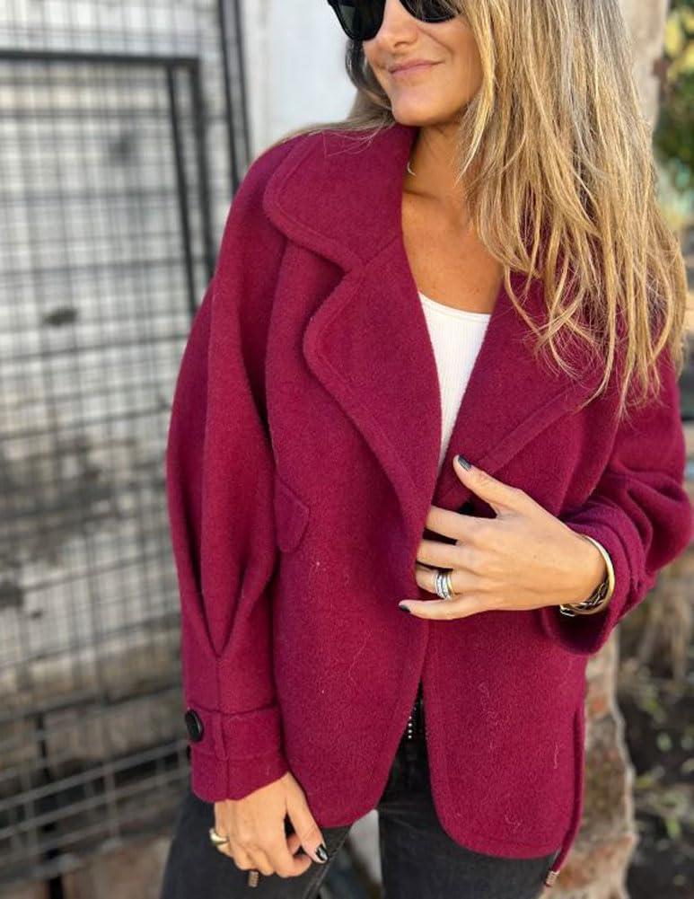 imagechouyatou Womens Retro Lapel Double Breasted Wool Coat Business Casual Wool Blend Pea Coat OvercoatDark Red