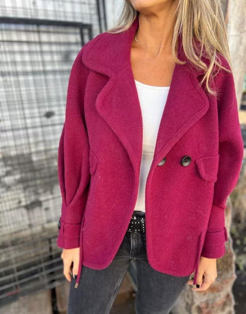 imagechouyatou Womens Retro Lapel Double Breasted Wool Coat Business Casual Wool Blend Pea Coat OvercoatDark Red