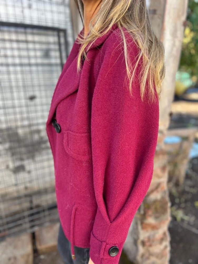 imagechouyatou Womens Retro Lapel Double Breasted Wool Coat Business Casual Wool Blend Pea Coat OvercoatDark Red