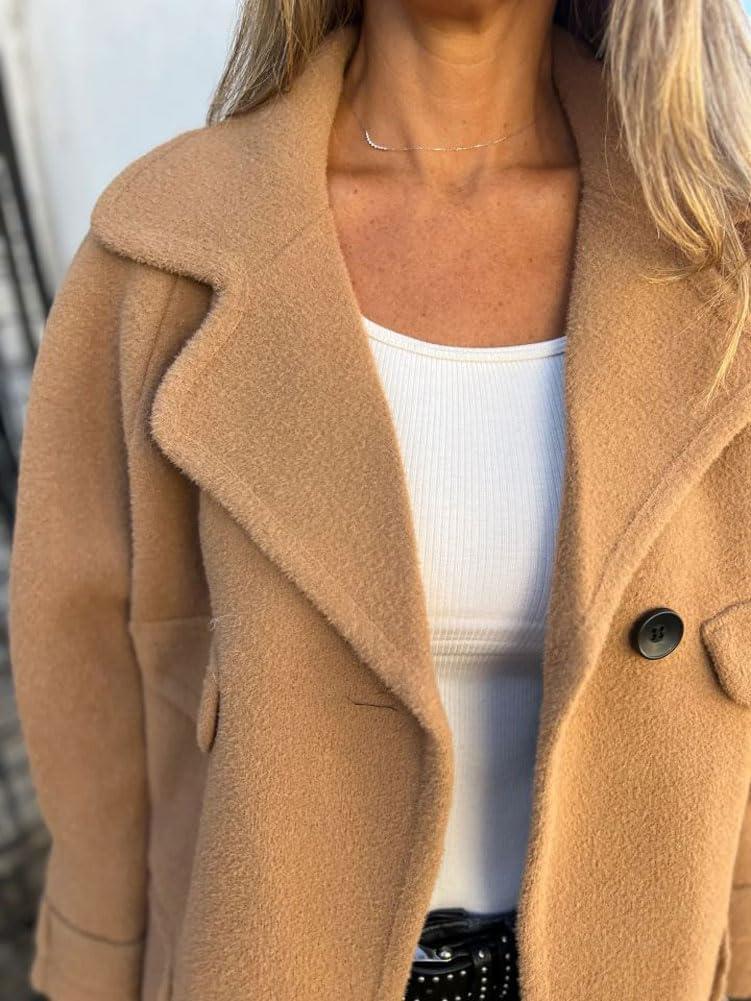 imagechouyatou Womens Retro Lapel Double Breasted Wool Coat Business Casual Wool Blend Pea Coat OvercoatKhaki