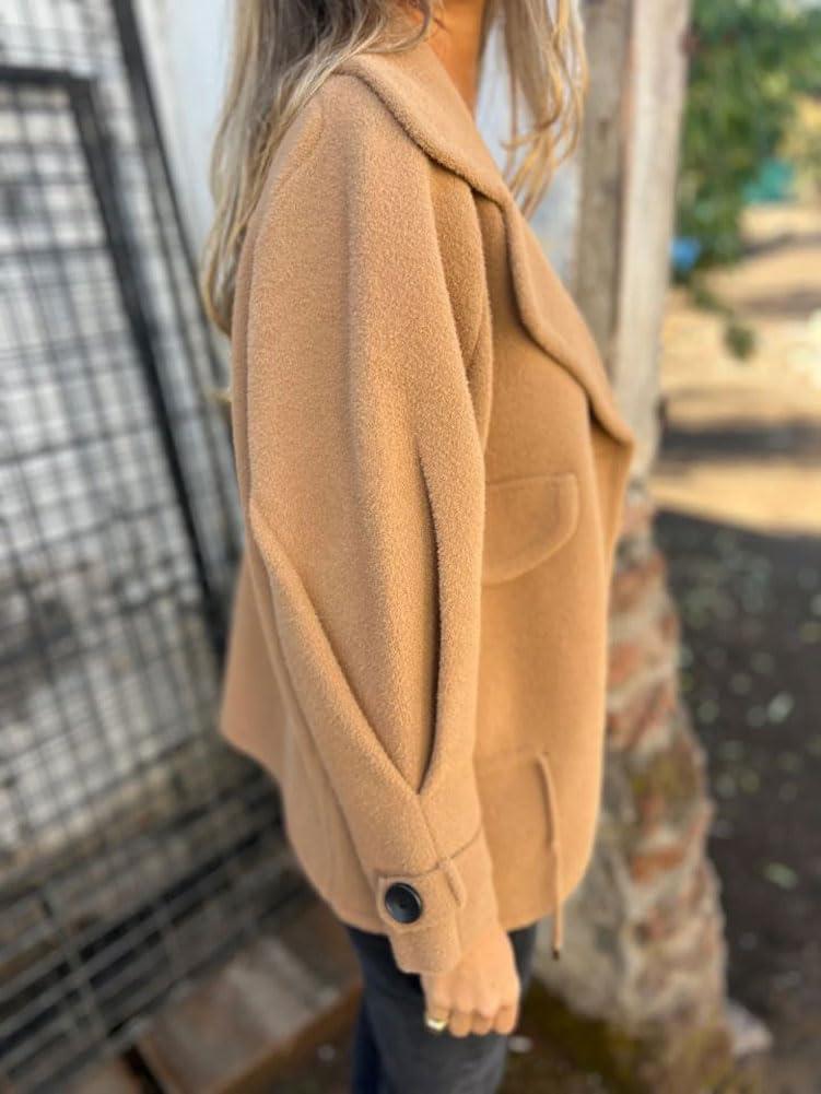 imagechouyatou Womens Retro Lapel Double Breasted Wool Coat Business Casual Wool Blend Pea Coat OvercoatKhaki