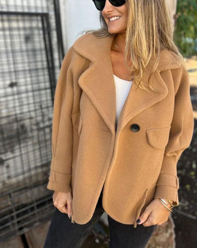 imagechouyatou Womens Retro Lapel Double Breasted Wool Coat Business Casual Wool Blend Pea Coat OvercoatKhaki