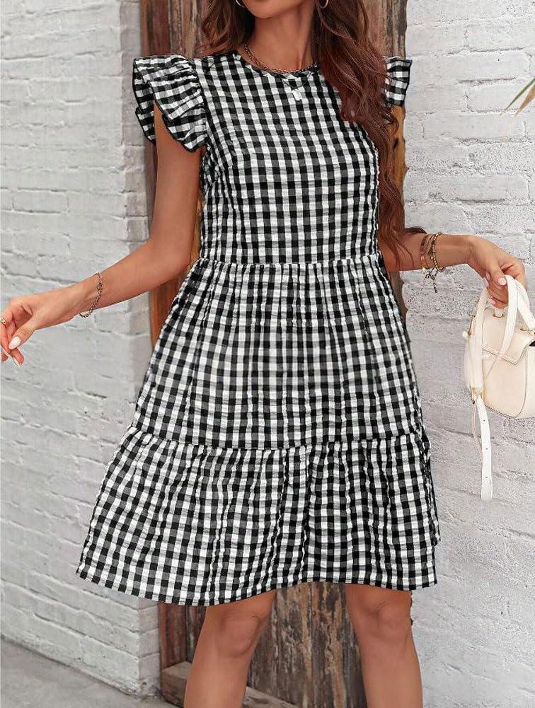 imagechouyatou Womens Retro Plaid Flounce Dress Flutter Sleeve Gingham Babydoll Tiered Short DressBlack