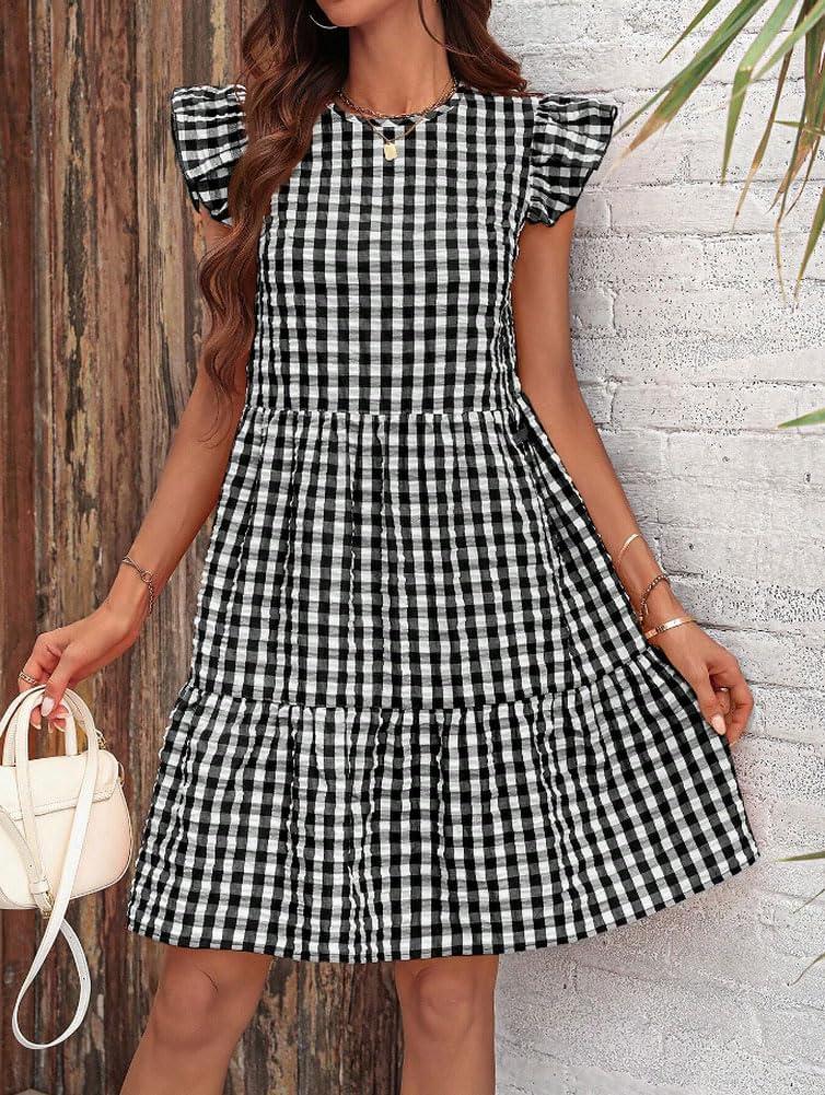imagechouyatou Womens Retro Plaid Flounce Dress Flutter Sleeve Gingham Babydoll Tiered Short DressBlack