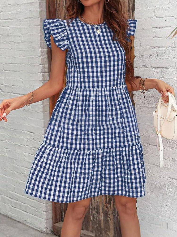 imagechouyatou Womens Retro Plaid Flounce Dress Flutter Sleeve Gingham Babydoll Tiered Short DressDark Blue