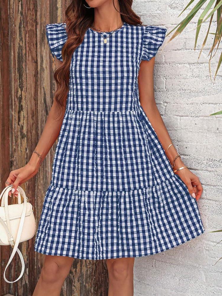 imagechouyatou Womens Retro Plaid Flounce Dress Flutter Sleeve Gingham Babydoll Tiered Short DressDark Blue