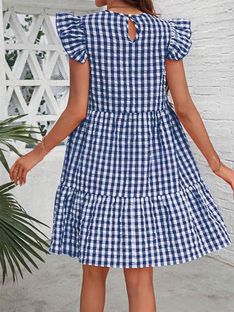 imagechouyatou Womens Retro Plaid Flounce Dress Flutter Sleeve Gingham Babydoll Tiered Short DressDark Blue