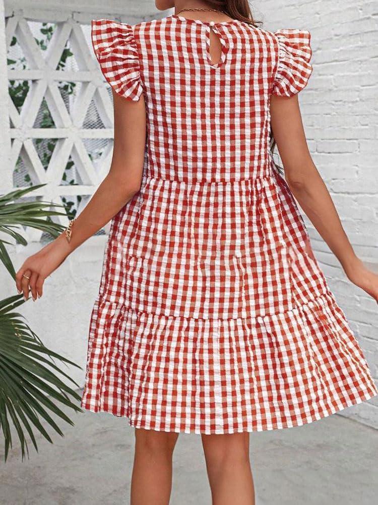 imagechouyatou Womens Retro Plaid Flounce Dress Flutter Sleeve Gingham Babydoll Tiered Short DressRed