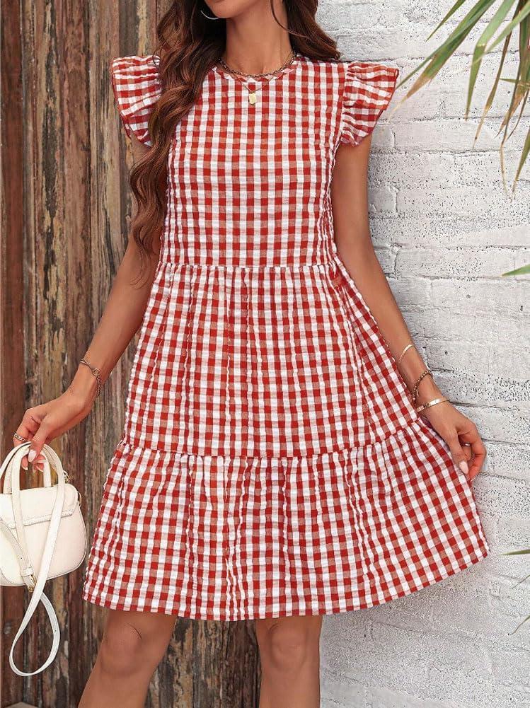 imagechouyatou Womens Retro Plaid Flounce Dress Flutter Sleeve Gingham Babydoll Tiered Short DressRed
