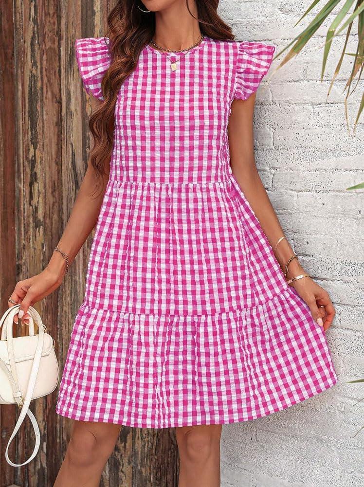 imagechouyatou Womens Retro Plaid Flounce Dress Flutter Sleeve Gingham Babydoll Tiered Short DressRose Red