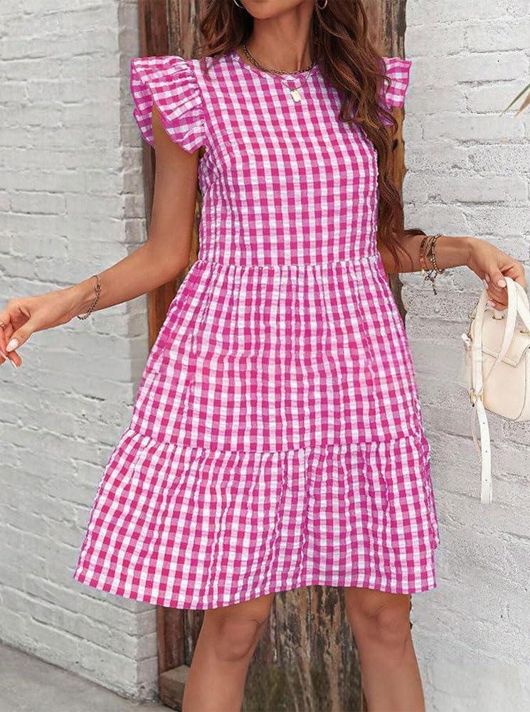 imagechouyatou Womens Retro Plaid Flounce Dress Flutter Sleeve Gingham Babydoll Tiered Short DressRose Red