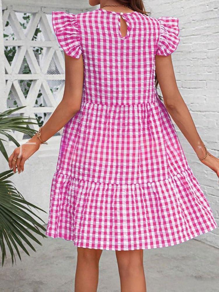 imagechouyatou Womens Retro Plaid Flounce Dress Flutter Sleeve Gingham Babydoll Tiered Short DressRose Red