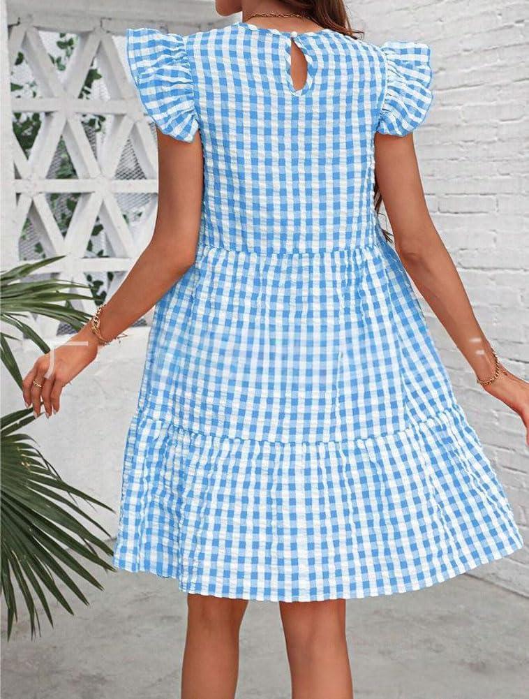 imagechouyatou Womens Retro Plaid Flounce Dress Flutter Sleeve Gingham Babydoll Tiered Short DressSky