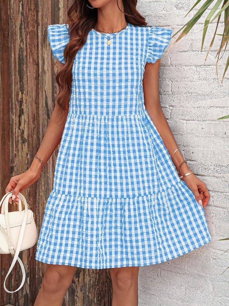 imagechouyatou Womens Retro Plaid Flounce Dress Flutter Sleeve Gingham Babydoll Tiered Short DressSky