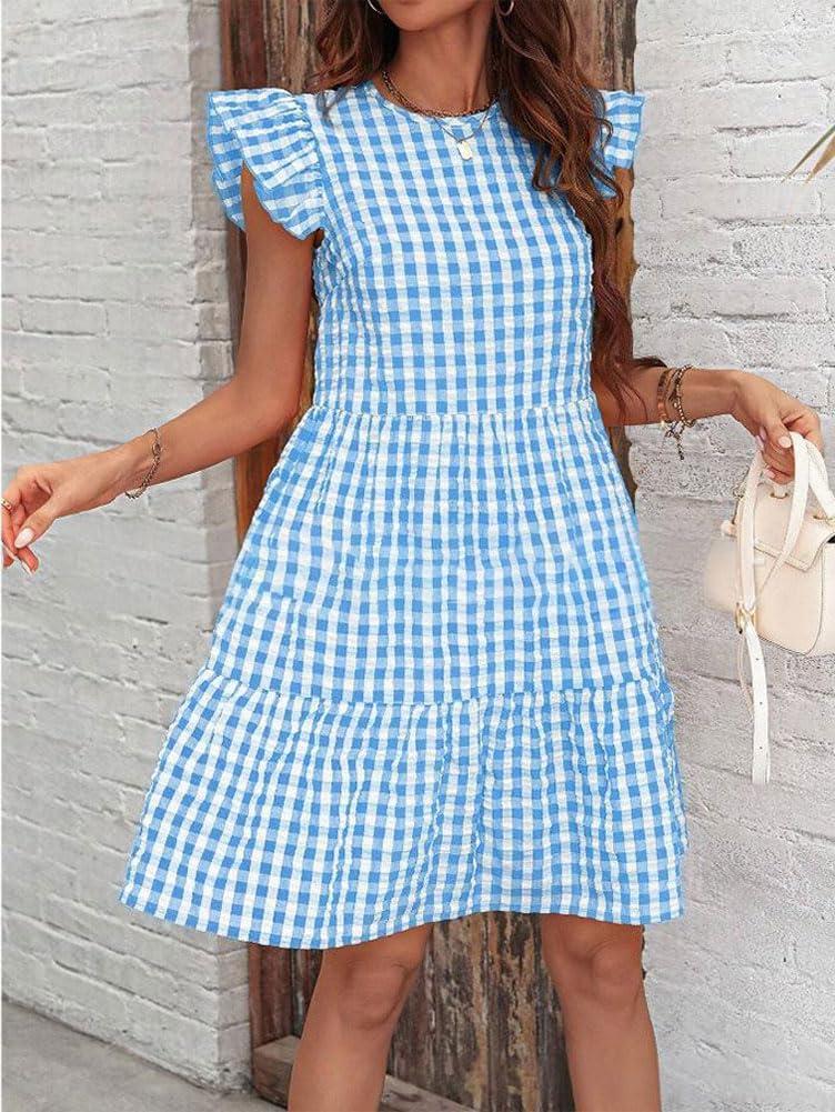 imagechouyatou Womens Retro Plaid Flounce Dress Flutter Sleeve Gingham Babydoll Tiered Short DressSky