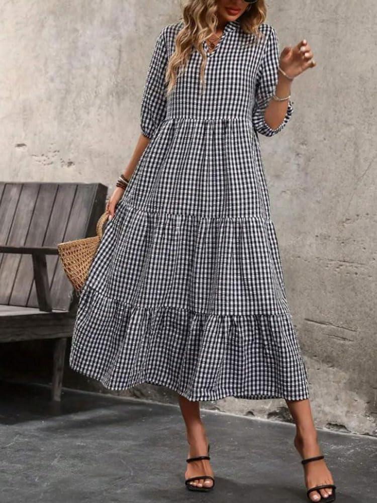imagechouyatou Womens Retro Plaid Ruffle Hem Dress Puff Lantern Sleeve Notch Neck Gingham Tiered Midi Long DressBlack