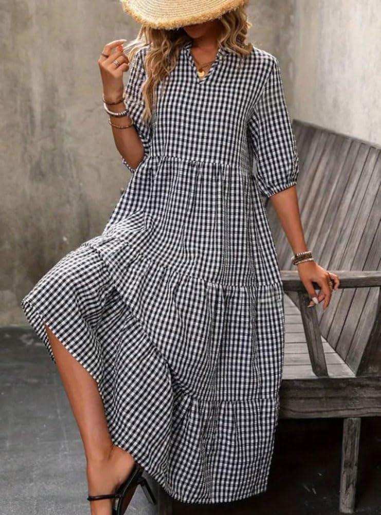 imagechouyatou Womens Retro Plaid Ruffle Hem Dress Puff Lantern Sleeve Notch Neck Gingham Tiered Midi Long DressBlack