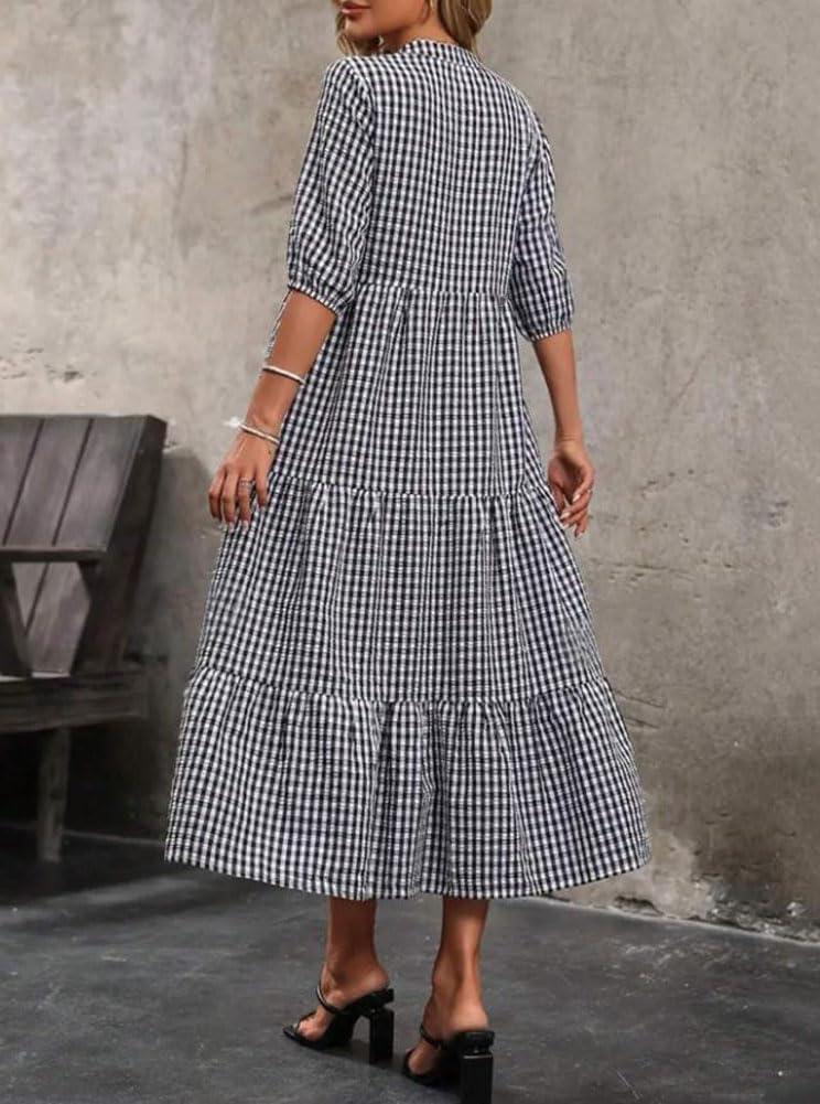 imagechouyatou Womens Retro Plaid Ruffle Hem Dress Puff Lantern Sleeve Notch Neck Gingham Tiered Midi Long DressBlack