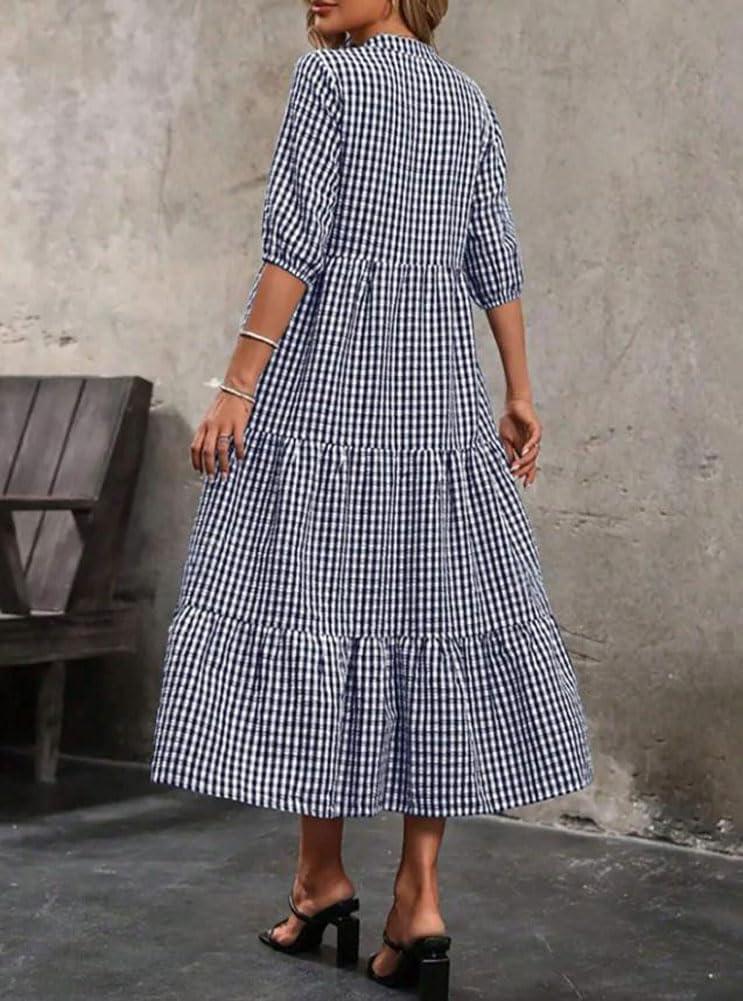 imagechouyatou Womens Retro Plaid Ruffle Hem Dress Puff Lantern Sleeve Notch Neck Gingham Tiered Midi Long DressNavy