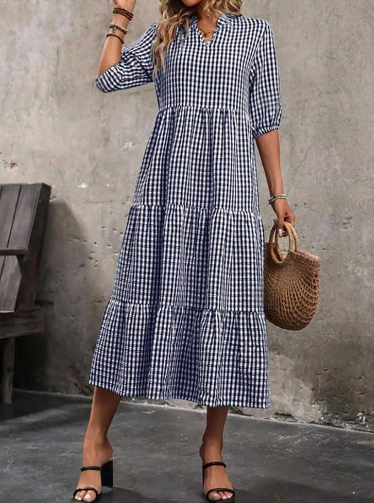 imagechouyatou Womens Retro Plaid Ruffle Hem Dress Puff Lantern Sleeve Notch Neck Gingham Tiered Midi Long DressNavy