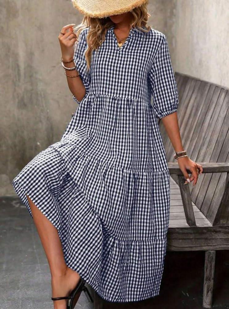 imagechouyatou Womens Retro Plaid Ruffle Hem Dress Puff Lantern Sleeve Notch Neck Gingham Tiered Midi Long DressNavy