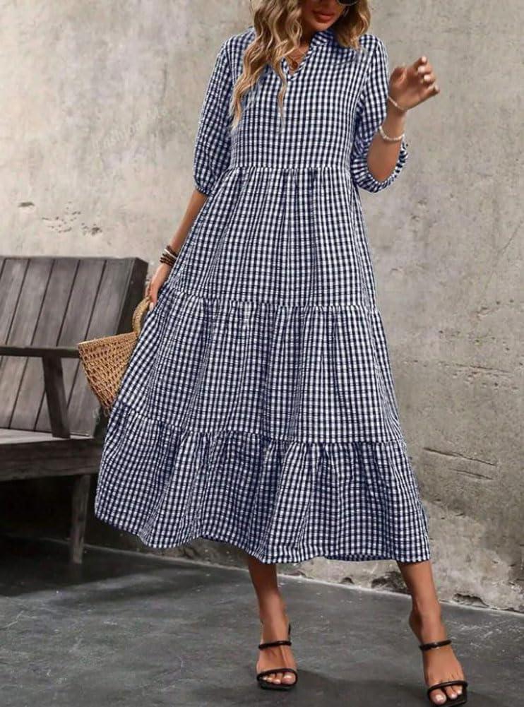 imagechouyatou Womens Retro Plaid Ruffle Hem Dress Puff Lantern Sleeve Notch Neck Gingham Tiered Midi Long DressNavy