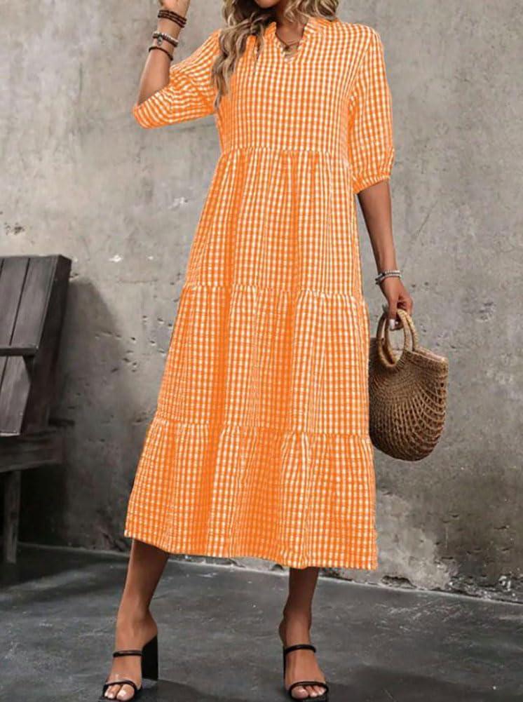 imagechouyatou Womens Retro Plaid Ruffle Hem Dress Puff Lantern Sleeve Notch Neck Gingham Tiered Midi Long DressOrange