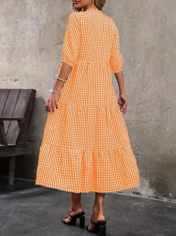 imagechouyatou Womens Retro Plaid Ruffle Hem Dress Puff Lantern Sleeve Notch Neck Gingham Tiered Midi Long DressOrange