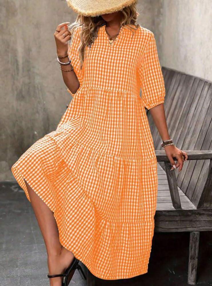 imagechouyatou Womens Retro Plaid Ruffle Hem Dress Puff Lantern Sleeve Notch Neck Gingham Tiered Midi Long DressOrange