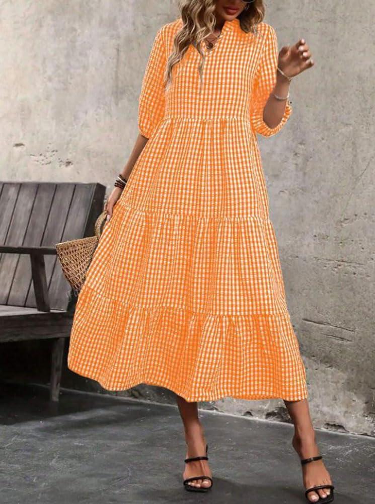 imagechouyatou Womens Retro Plaid Ruffle Hem Dress Puff Lantern Sleeve Notch Neck Gingham Tiered Midi Long DressOrange