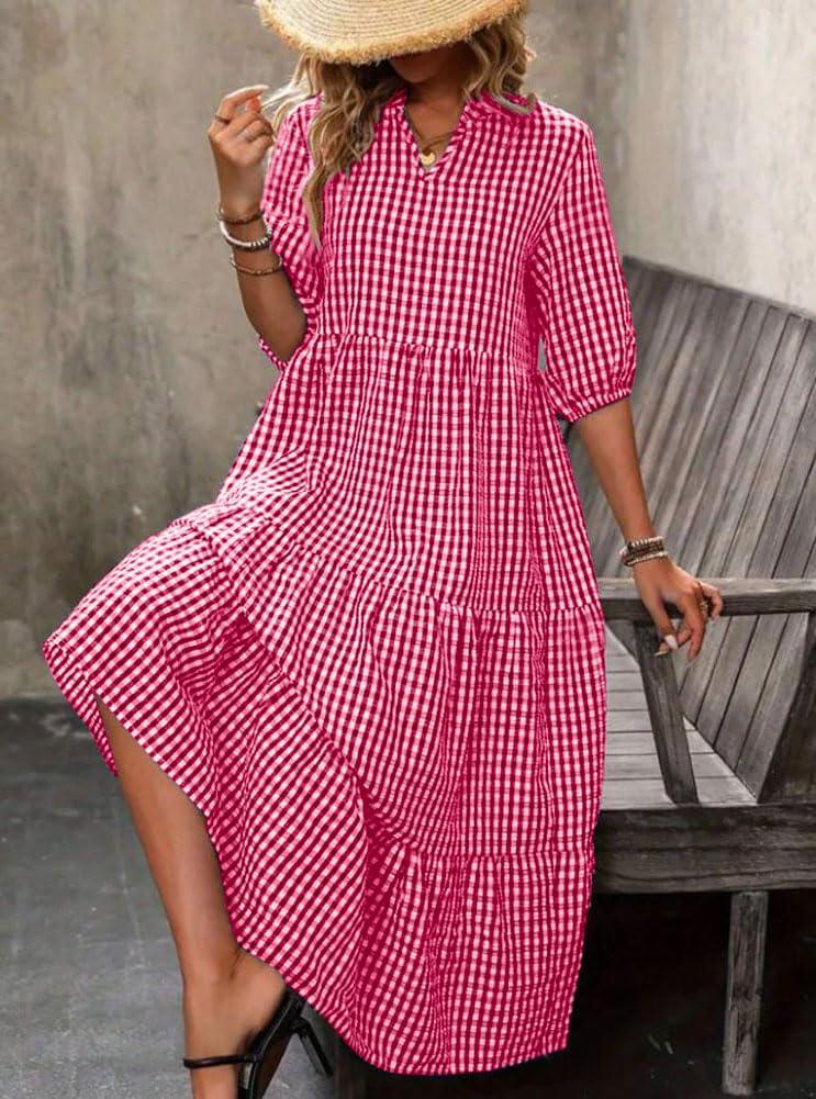 imagechouyatou Womens Retro Plaid Ruffle Hem Dress Puff Lantern Sleeve Notch Neck Gingham Tiered Midi Long DressRed