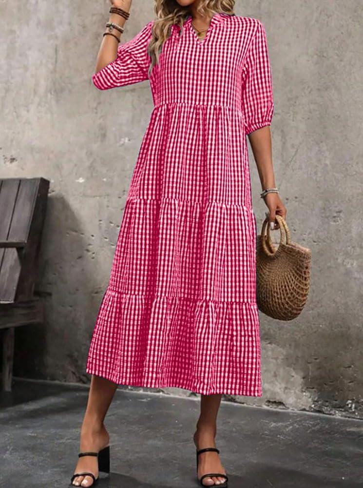 imagechouyatou Womens Retro Plaid Ruffle Hem Dress Puff Lantern Sleeve Notch Neck Gingham Tiered Midi Long DressRed