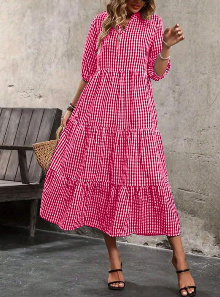 imagechouyatou Womens Retro Plaid Ruffle Hem Dress Puff Lantern Sleeve Notch Neck Gingham Tiered Midi Long DressRed
