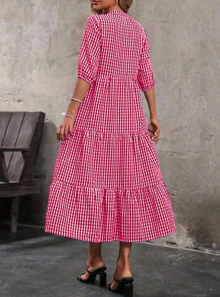 imagechouyatou Womens Retro Plaid Ruffle Hem Dress Puff Lantern Sleeve Notch Neck Gingham Tiered Midi Long DressRed