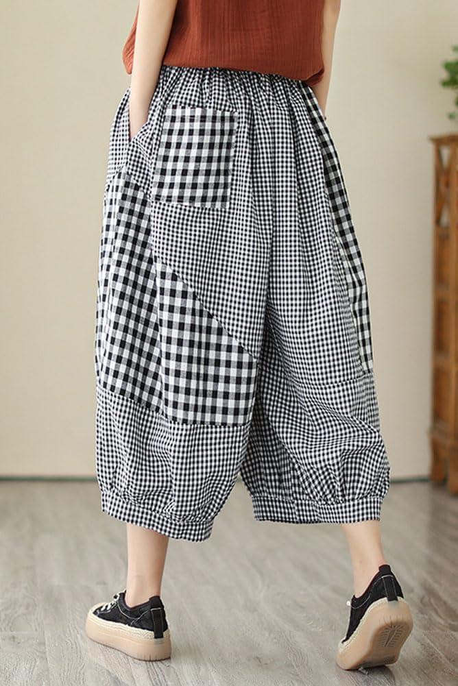 imagechouyatou Womens Retro Plaid Wide Leg Cropped Pants Elastic Waist Capri Harem Pants with PocketsBlack