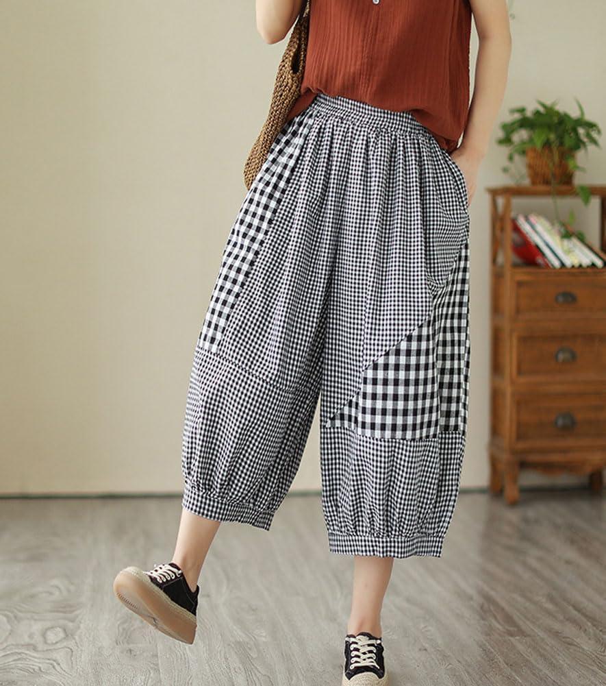 imagechouyatou Womens Retro Plaid Wide Leg Cropped Pants Elastic Waist Capri Harem Pants with PocketsBlack