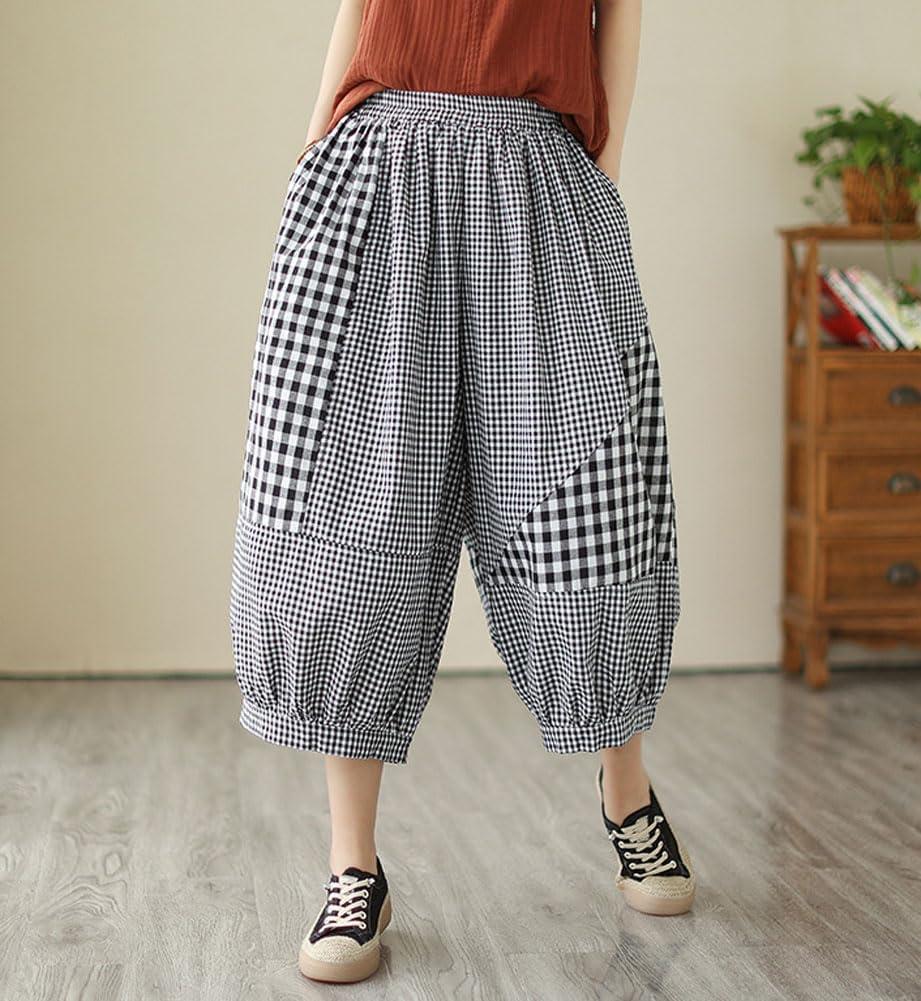 imagechouyatou Womens Retro Plaid Wide Leg Cropped Pants Elastic Waist Capri Harem Pants with PocketsBlack