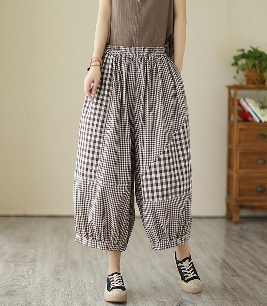imagechouyatou Womens Retro Plaid Wide Leg Cropped Pants Elastic Waist Capri Harem Pants with PocketsBrown