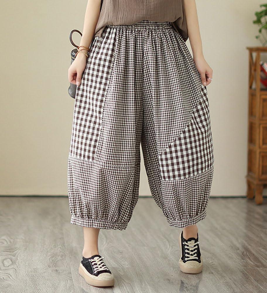 imagechouyatou Womens Retro Plaid Wide Leg Cropped Pants Elastic Waist Capri Harem Pants with PocketsBrown