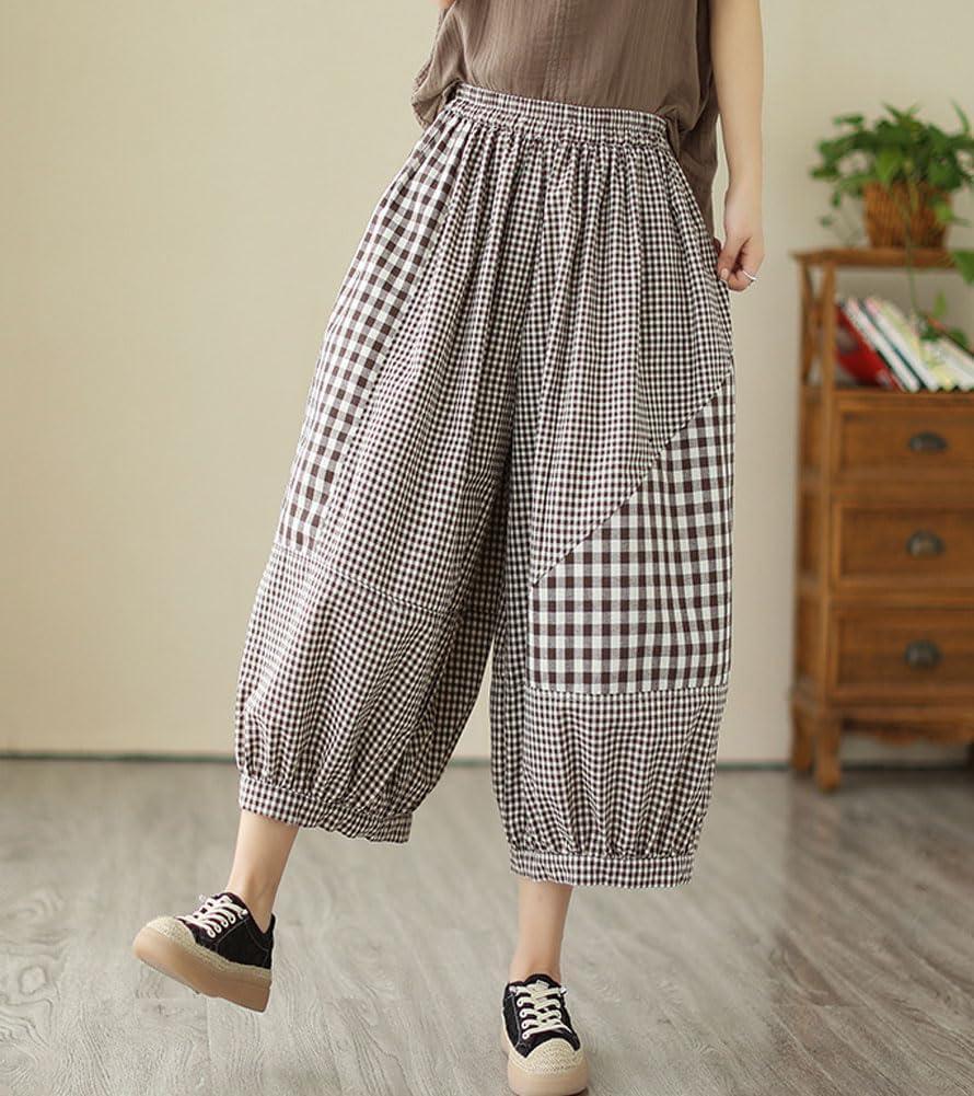 imagechouyatou Womens Retro Plaid Wide Leg Cropped Pants Elastic Waist Capri Harem Pants with PocketsBrown