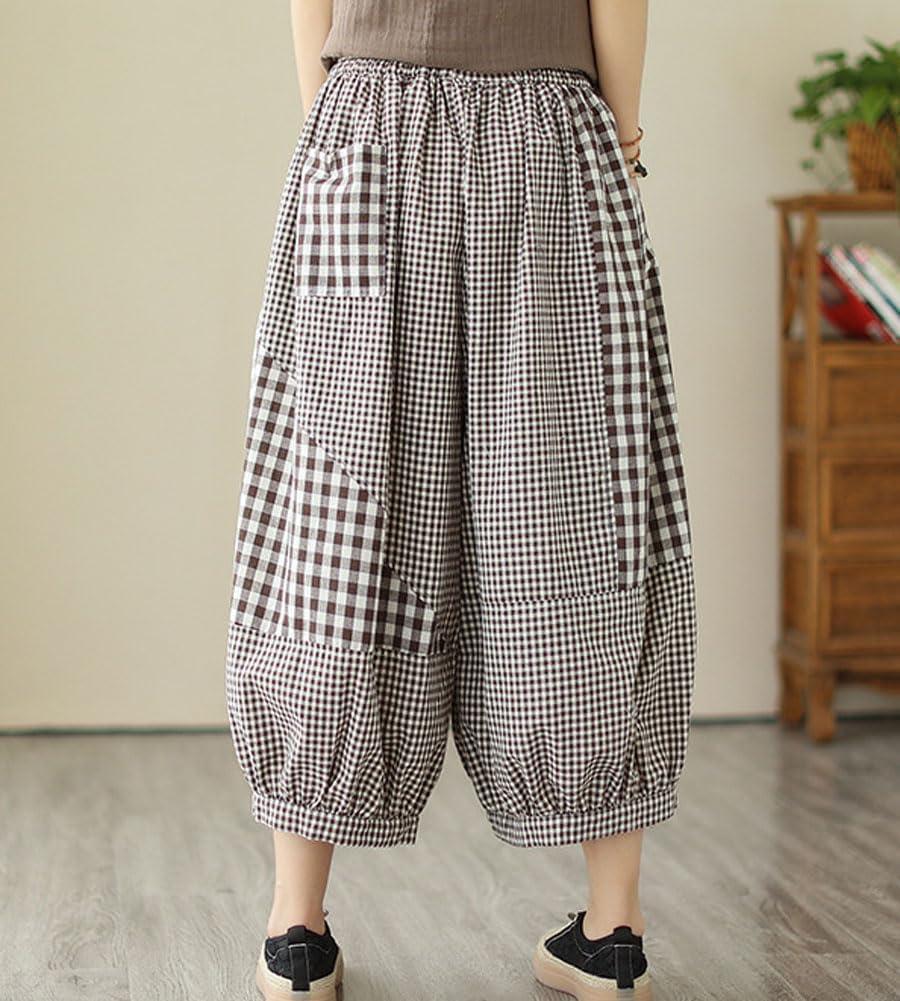 imagechouyatou Womens Retro Plaid Wide Leg Cropped Pants Elastic Waist Capri Harem Pants with PocketsBrown