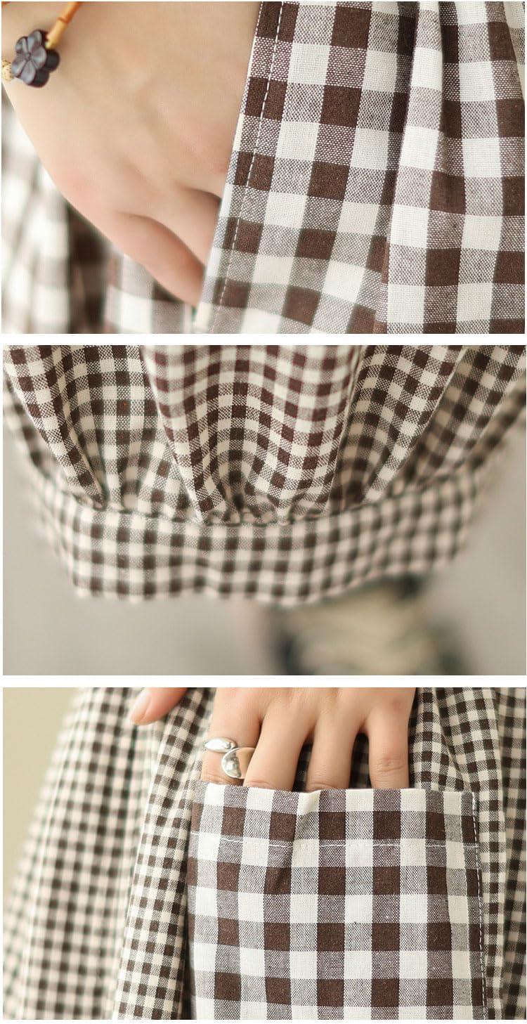 imagechouyatou Womens Retro Plaid Wide Leg Cropped Pants Elastic Waist Capri Harem Pants with PocketsBrown