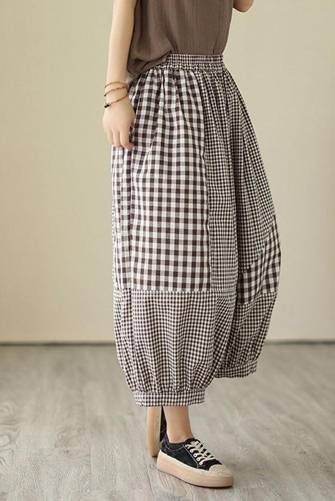 imagechouyatou Womens Retro Plaid Wide Leg Cropped Pants Elastic Waist Capri Harem Pants with PocketsBrown