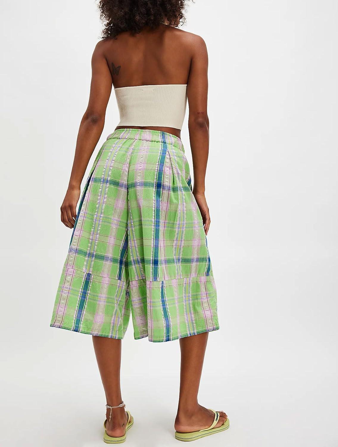 imagechouyatou Womens Retro Plaid Wide Leg Cropped Pants Y2k Baggy Culottes Capri Palazzo Pants with PocketsGreen